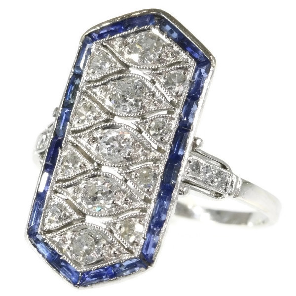 Stylish Art Deco diamond and sapphire platinum engagement ring